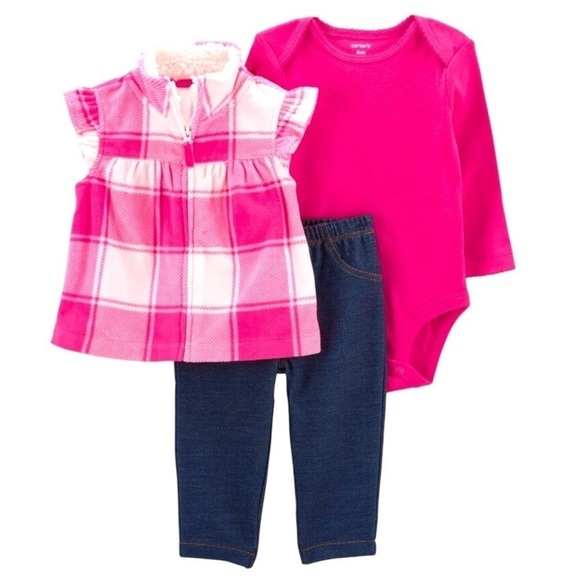 CARTERS Barbie Pink Baby Girl 3-Piece  Little Vest Jeans Set Valentines Day - Picture 1 of 11